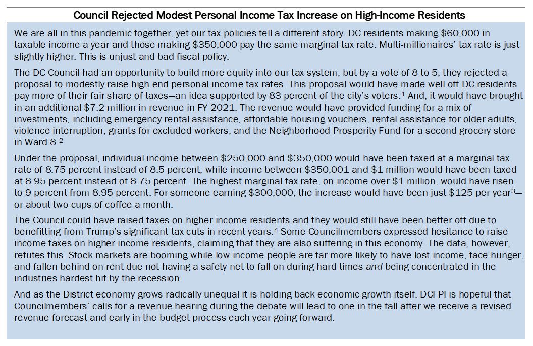 Breakout box explaining how the Council rejected a modest personal income tax increase on high-income residents