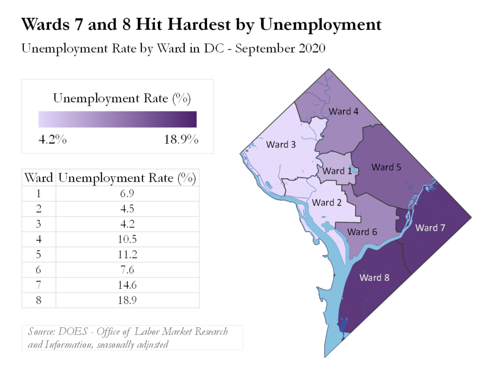 Heat map of DC by Ward. Pictures wards 7 and 8 (in dark purple) hit hardest by umemployment.