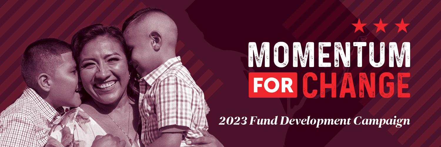Banner for 2023 fund campaign Momentum For Change with photo of mother and two children